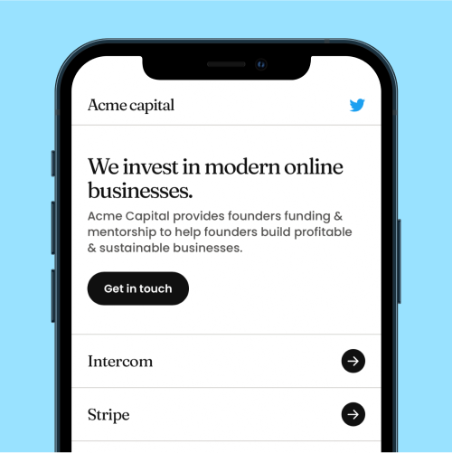 Links Webflow Template Layout #8 mocked up on an iPhone.