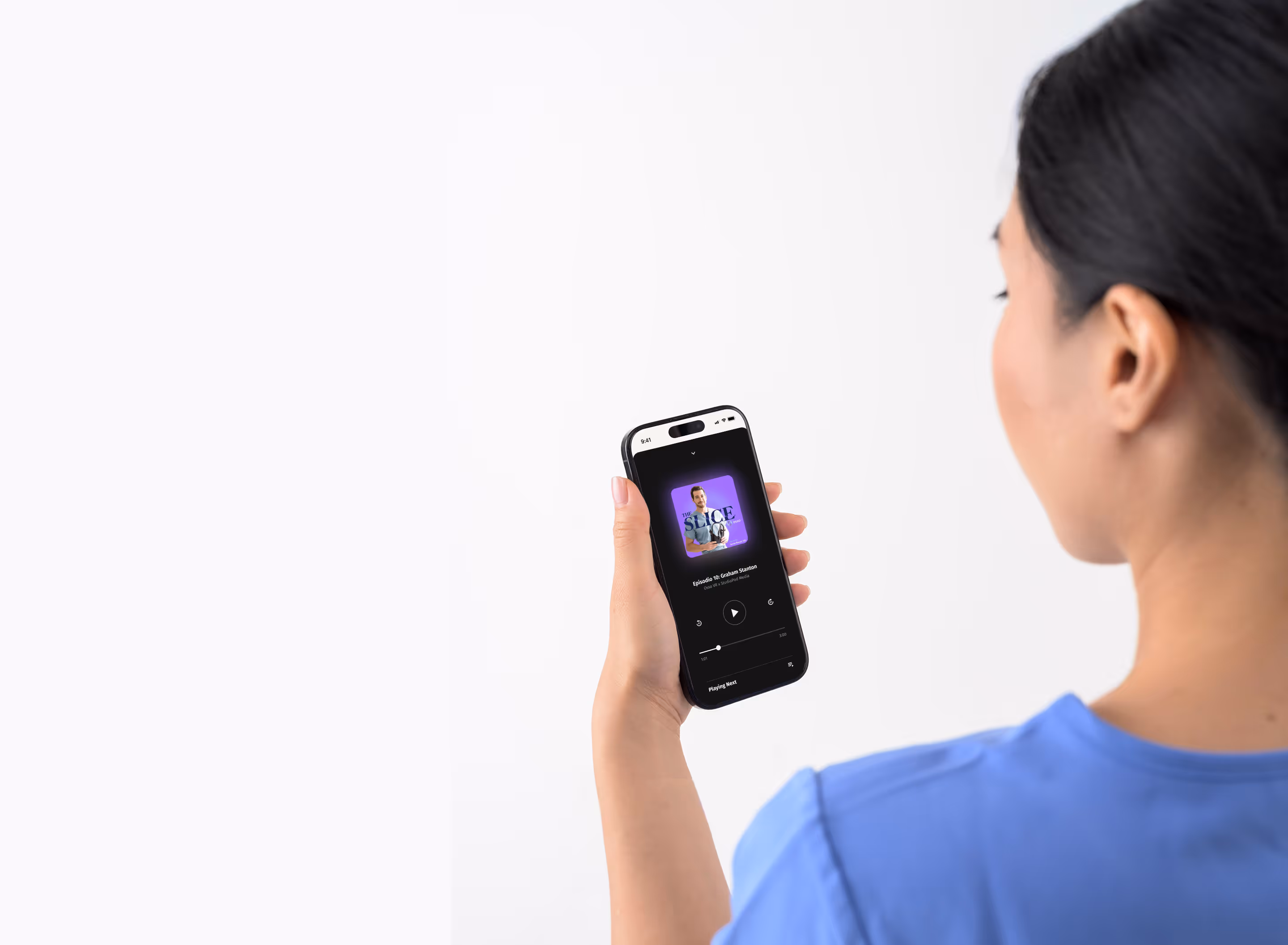 A nurse looking at the Osso VR podcast titled 'The Slice'