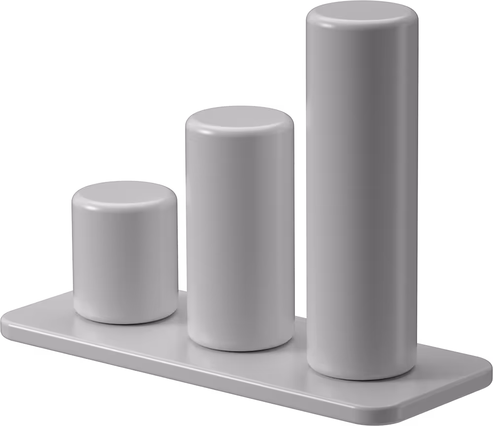 Drei graue, zylindrische Balkendiagrammstatistiken unterschiedlicher Höhe auf einer rechteckigen Basis.