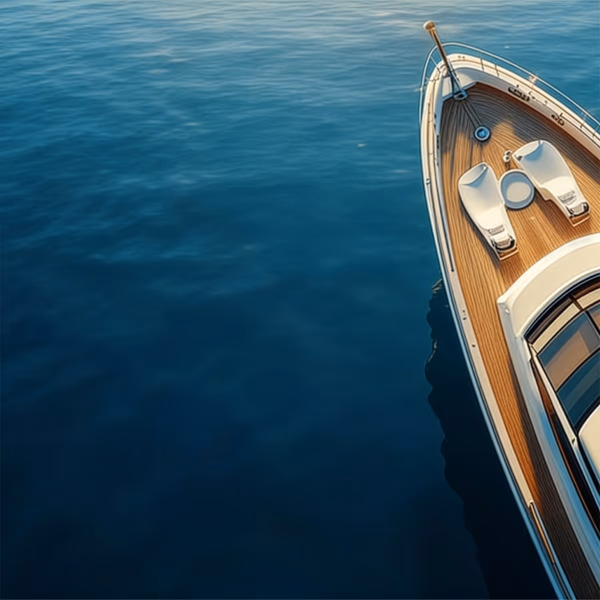 Vorderer Teil eines eleganten Bootes mit Holzdeck auf ruhigem blauem Wasser.