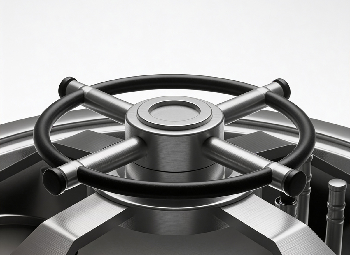 Nahaufnahme eines robusten Safe-Türgriffrads aus Metall mit schwarzer Ummantelung.