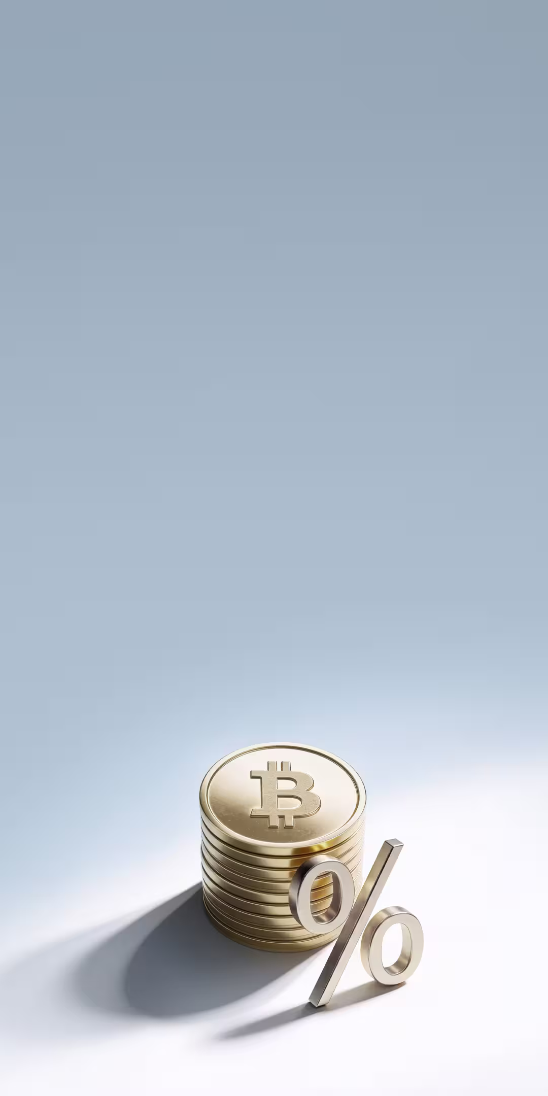 Ein Stapel goldener Bitcoin-Münzen mit einem großen Prozentsymbol davor auf einem hellen Hintergrund.