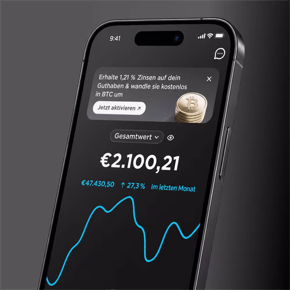 Smartphone-Bildschirm zeigt eine Finanz-App mit einem Kontostand von 2.100,21 Euro, einem Bitcoin-Kurs von 47.430,50 Euro mit 27,3 % Steigerung im letzten Monat und der Aufforderung, 1,21 % Zinsen auf Guthaben in BTC umzuwandeln.