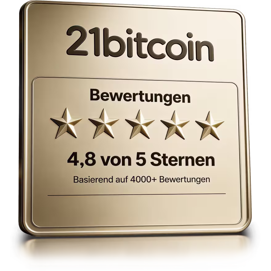 Goldfarbenes Schild mit der Aufschrift '21bitcoin' und einer 4,8 von 5 Sternen Bewertung basierend auf über 4000 Bewertungen, dargestellt durch fünf Sterne und den Text 'Bewertungen'.