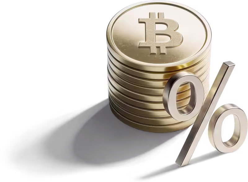 Stapel goldener Münzen mit Bitcoin-Symbol neben einem großen prozentualen Zeichen.