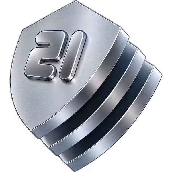 Metallischer Schild mit der eingravierten Zahl 21 und drei parallelen Streifen rechts unten, die Schutz symbolisieren.