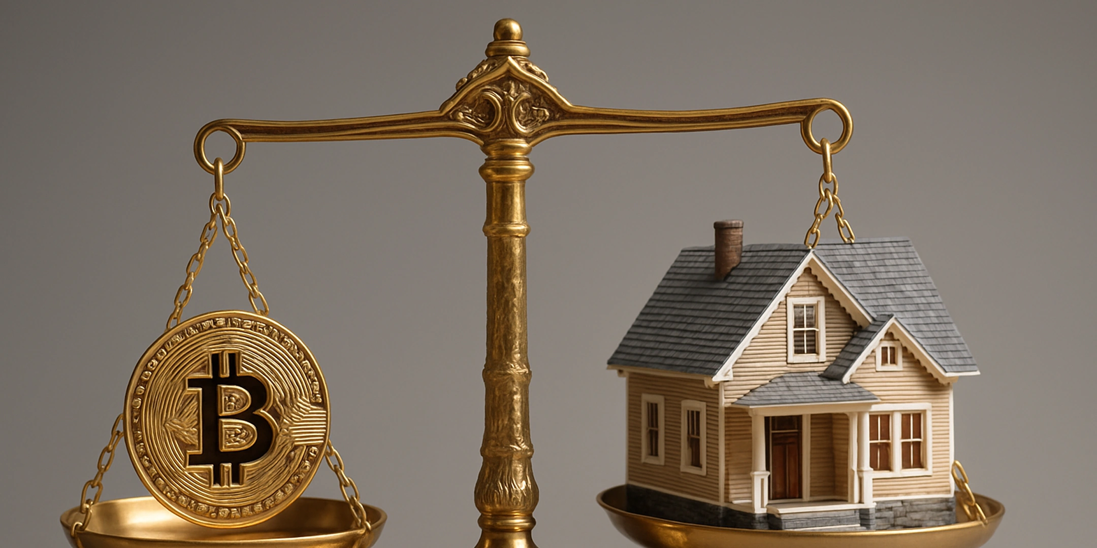 Waage mit Bitcoin und einem Haus (Immobilie)
