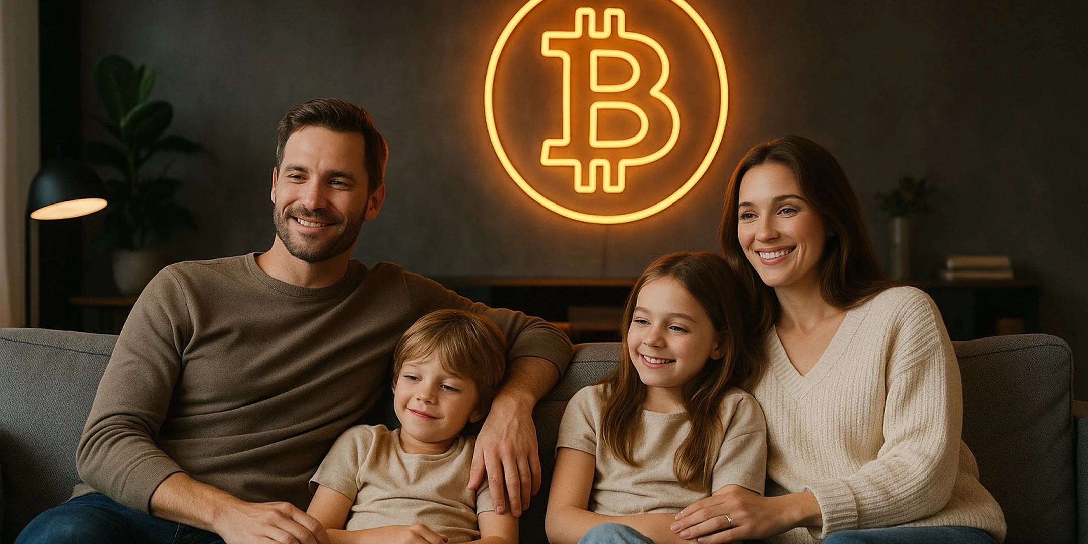 Familie mit Bitcoin Logo im Hintergrund