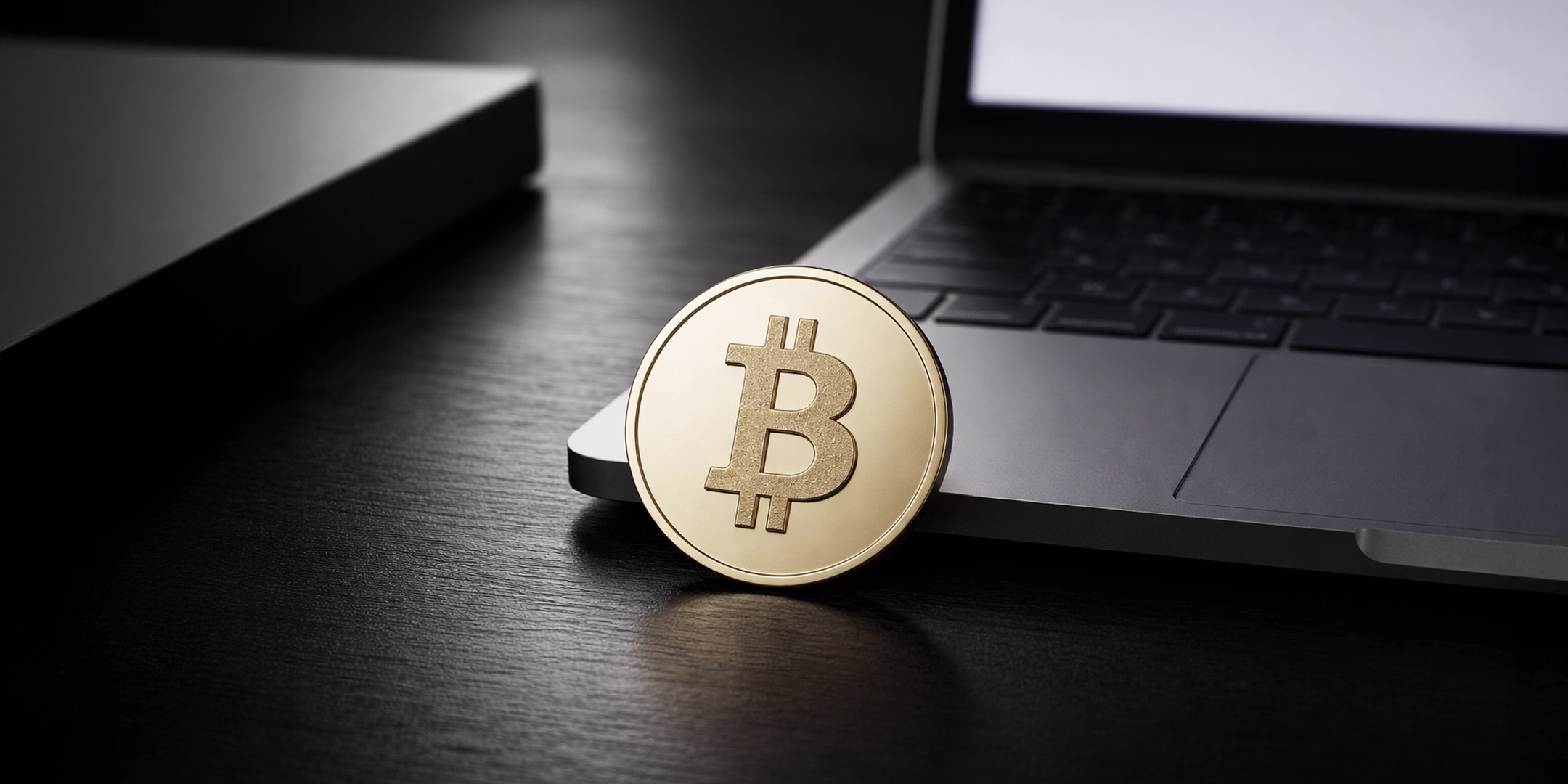 Bitcoin coin in front of a laptop