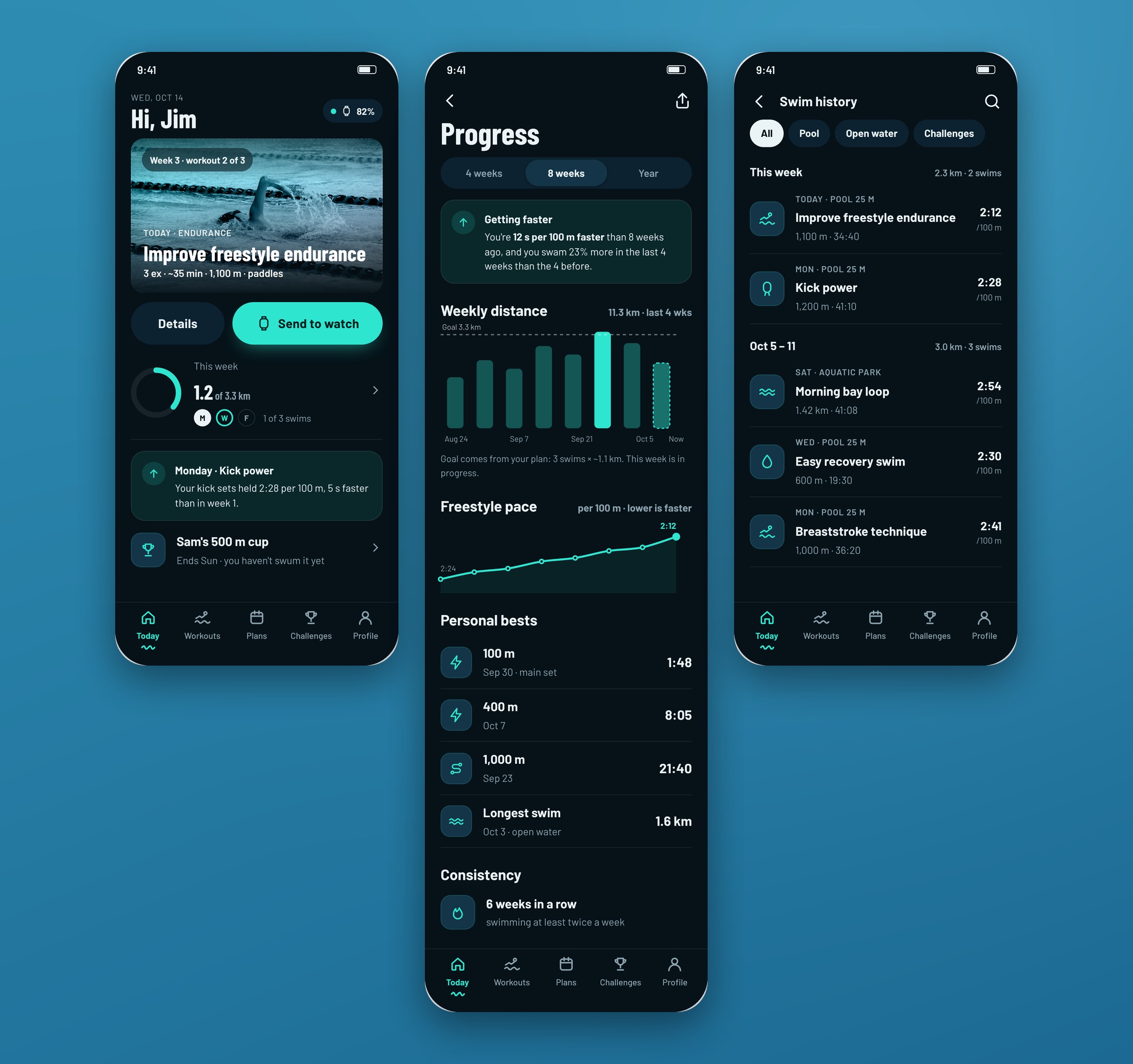 Today, Progress and Swim history screens