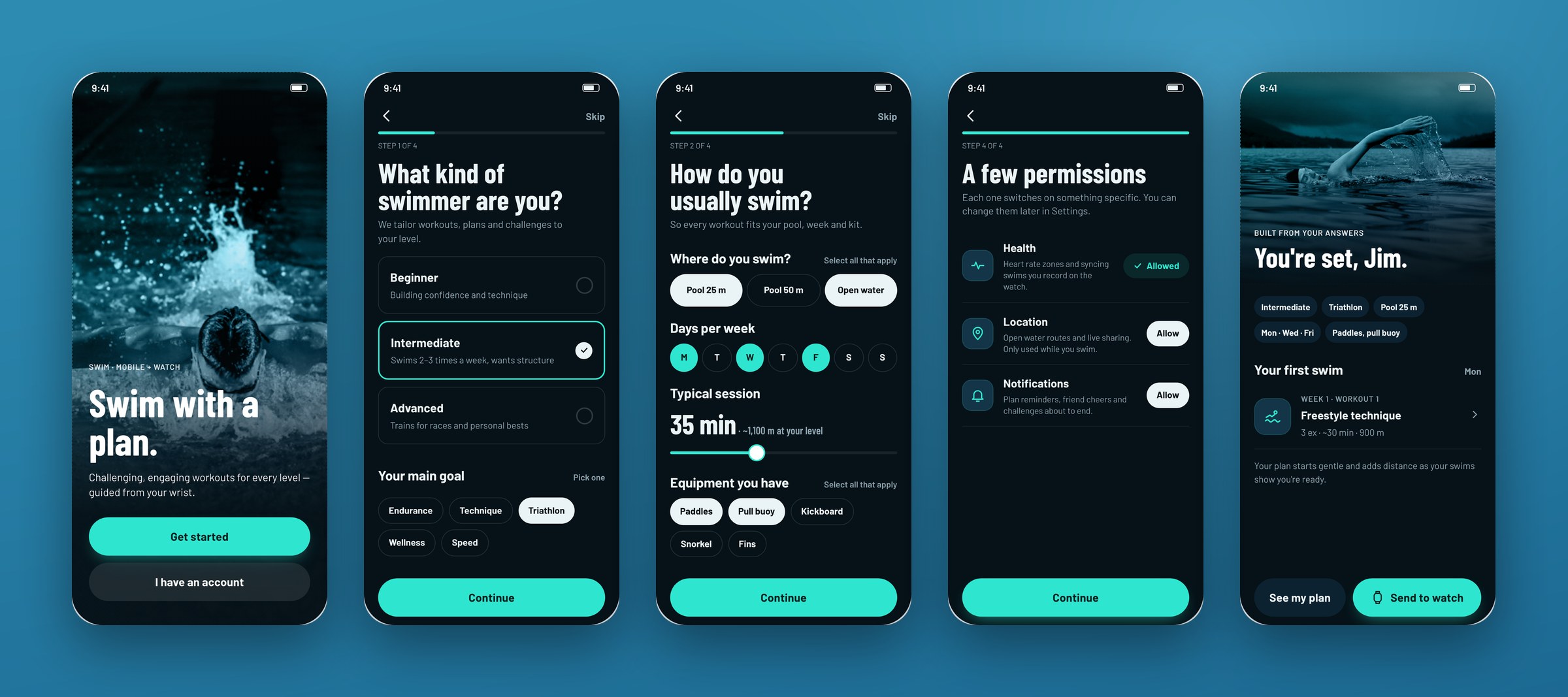 Onboarding flow: welcome, level and goal, swim routine, permissions, first week ready