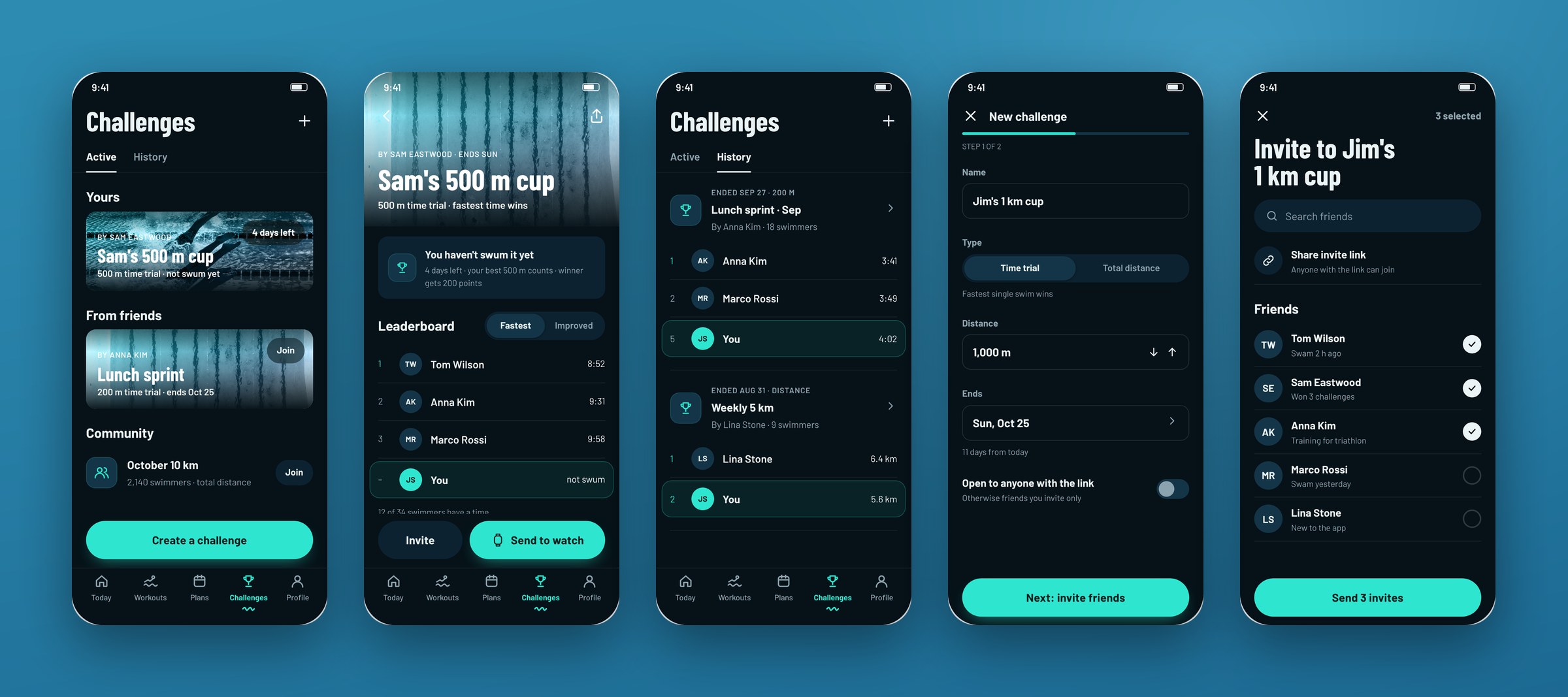 Challenges flow: active challenges, challenge detail, history, create and invite