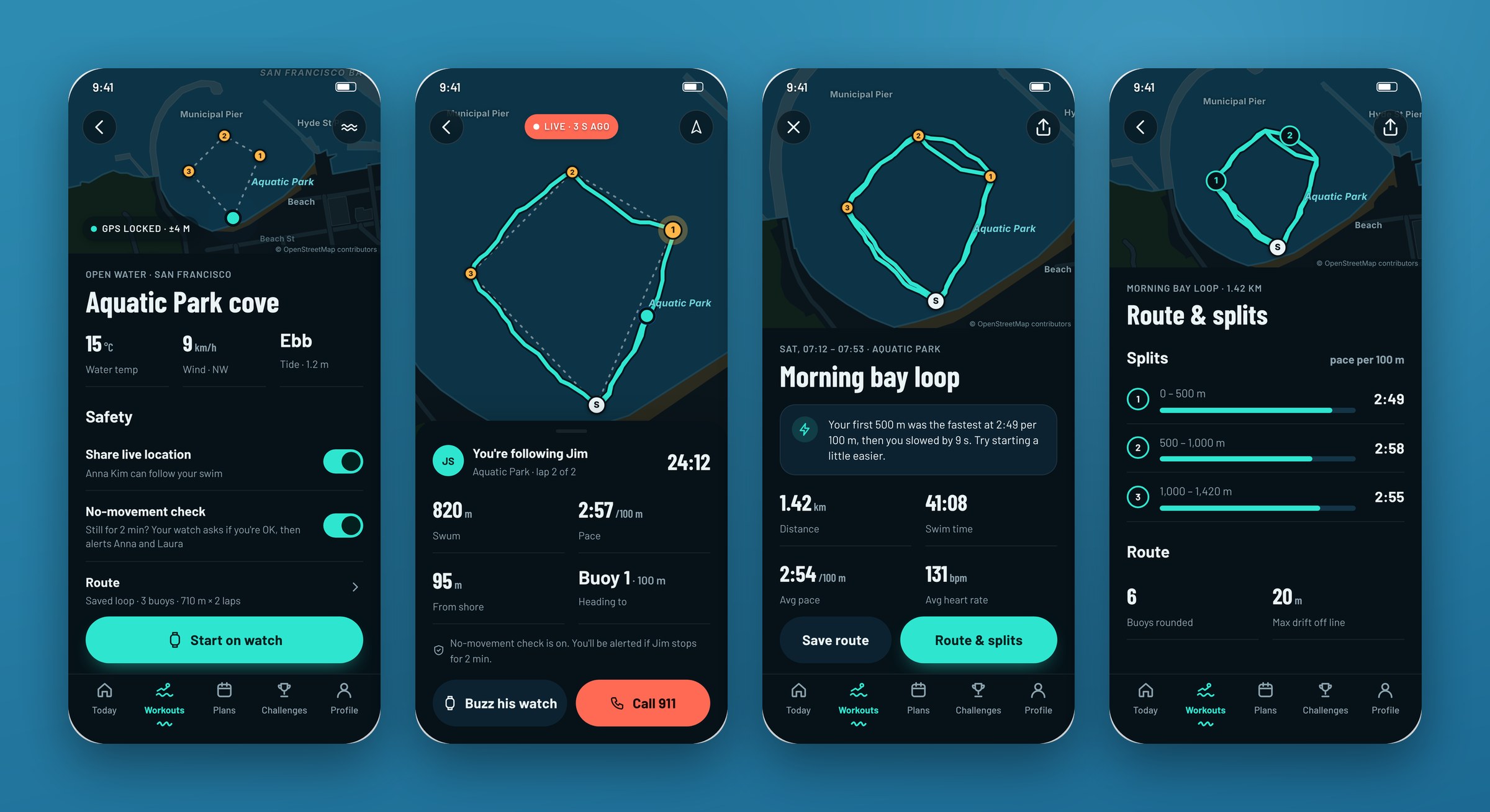 Open water flow: setup, following a friend live, summary, route and splits
