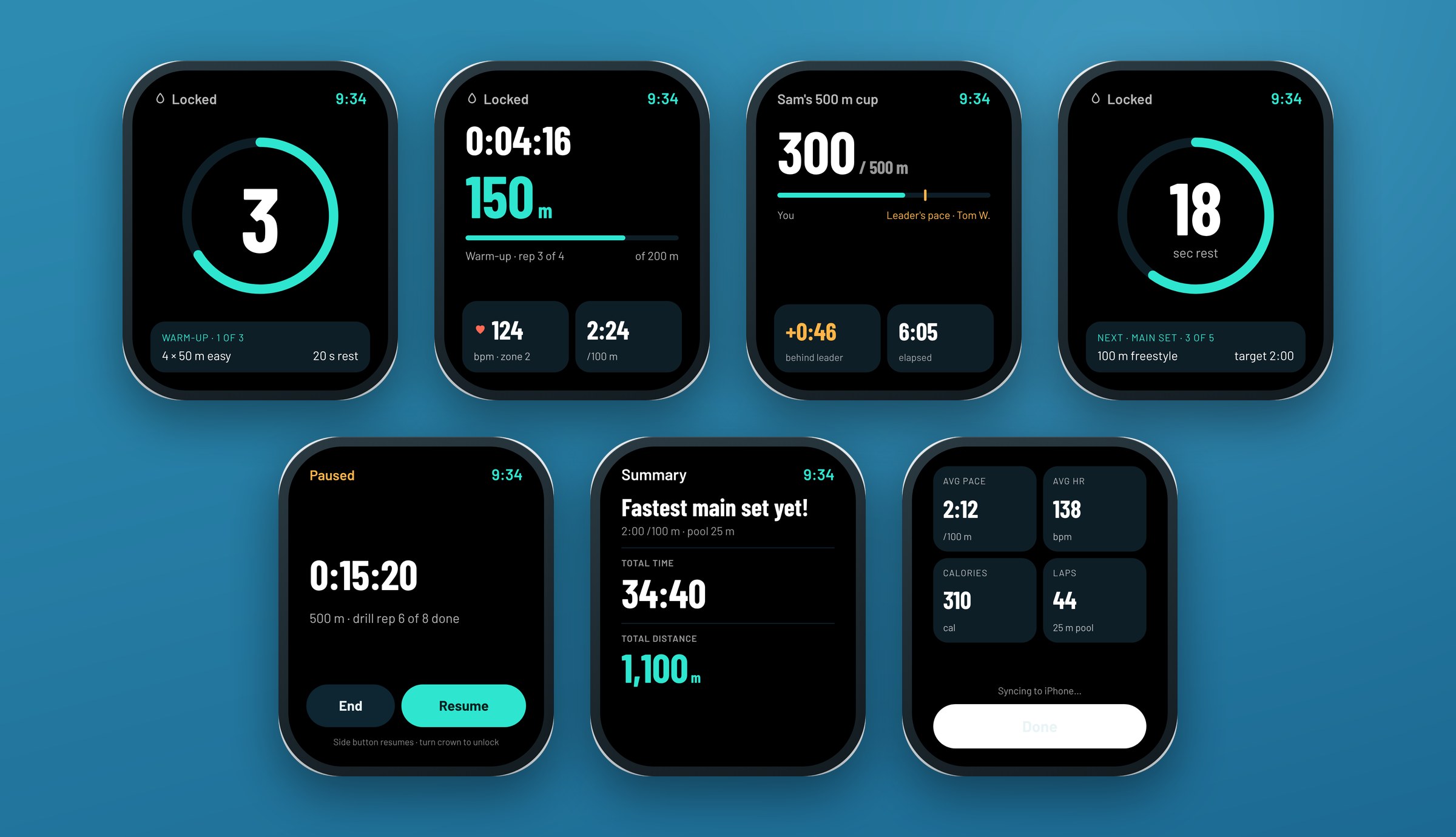 Watch: countdown, during swim, challenge swim, rest, paused and summary