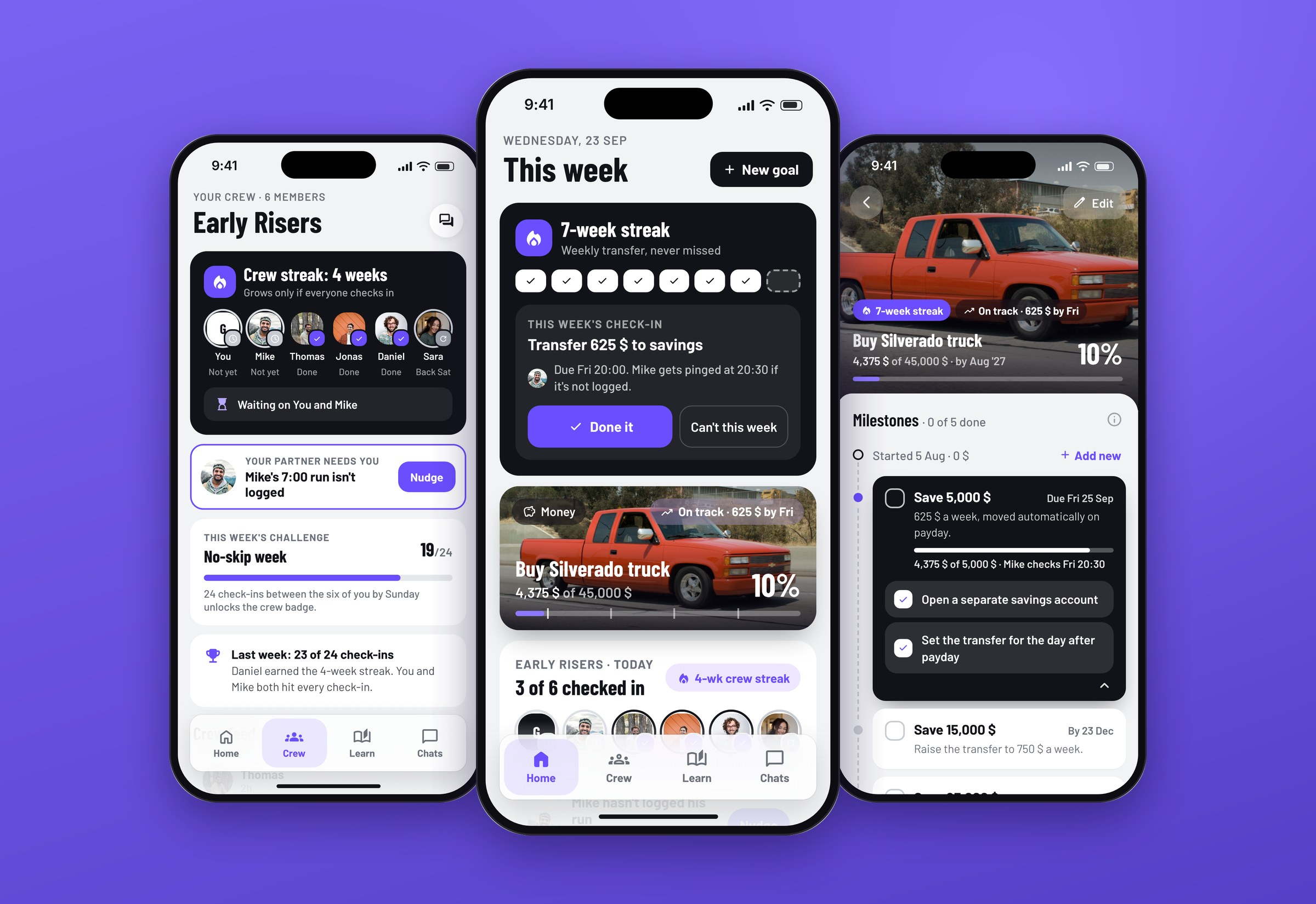 Achiever goal app: home, crew and goal timeline screens