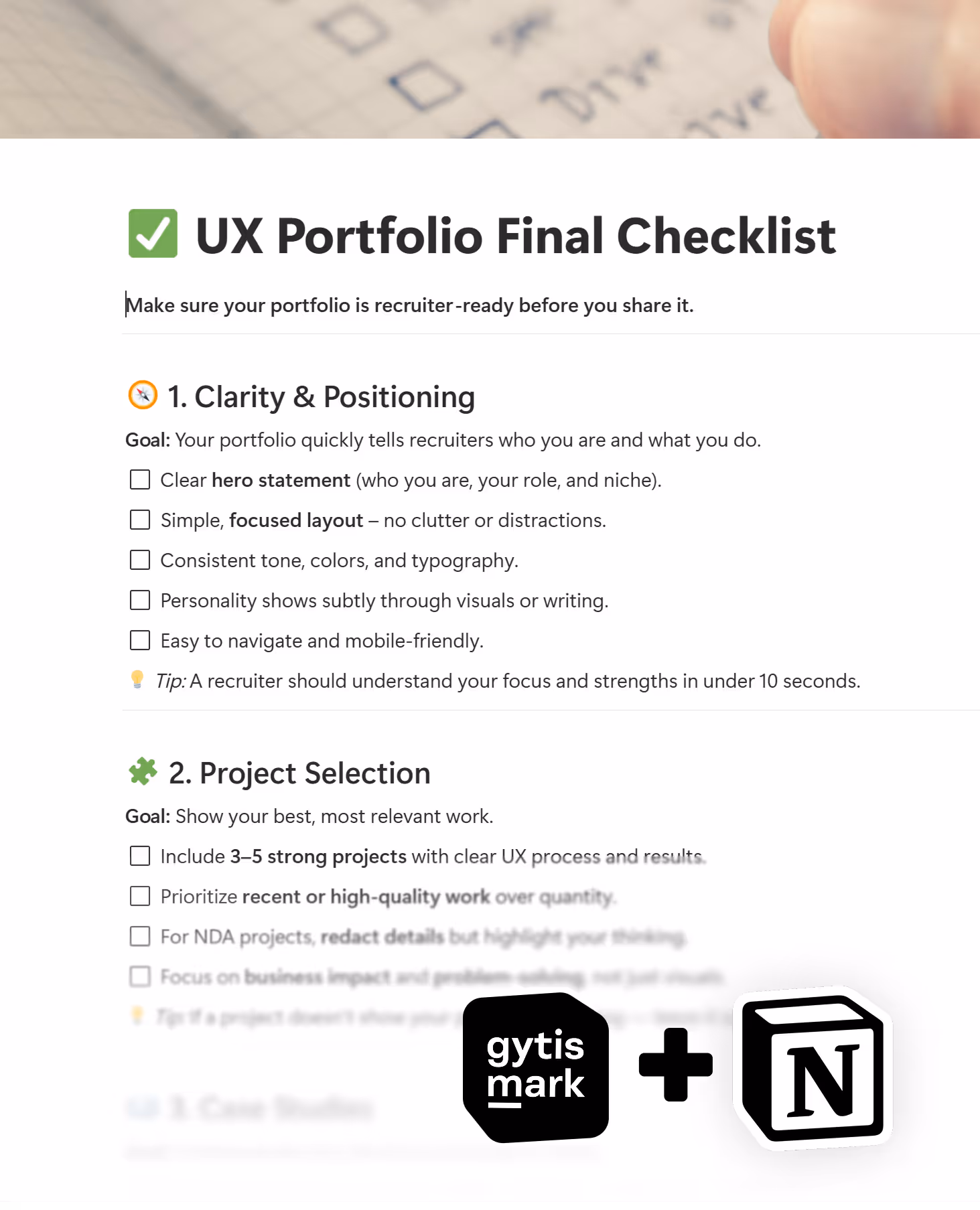 Checklist titled UX Portfolio Final Checklist with sections on Clarity & Positioning and Project Selection, including goals and multiple checkboxes for portfolio tips.