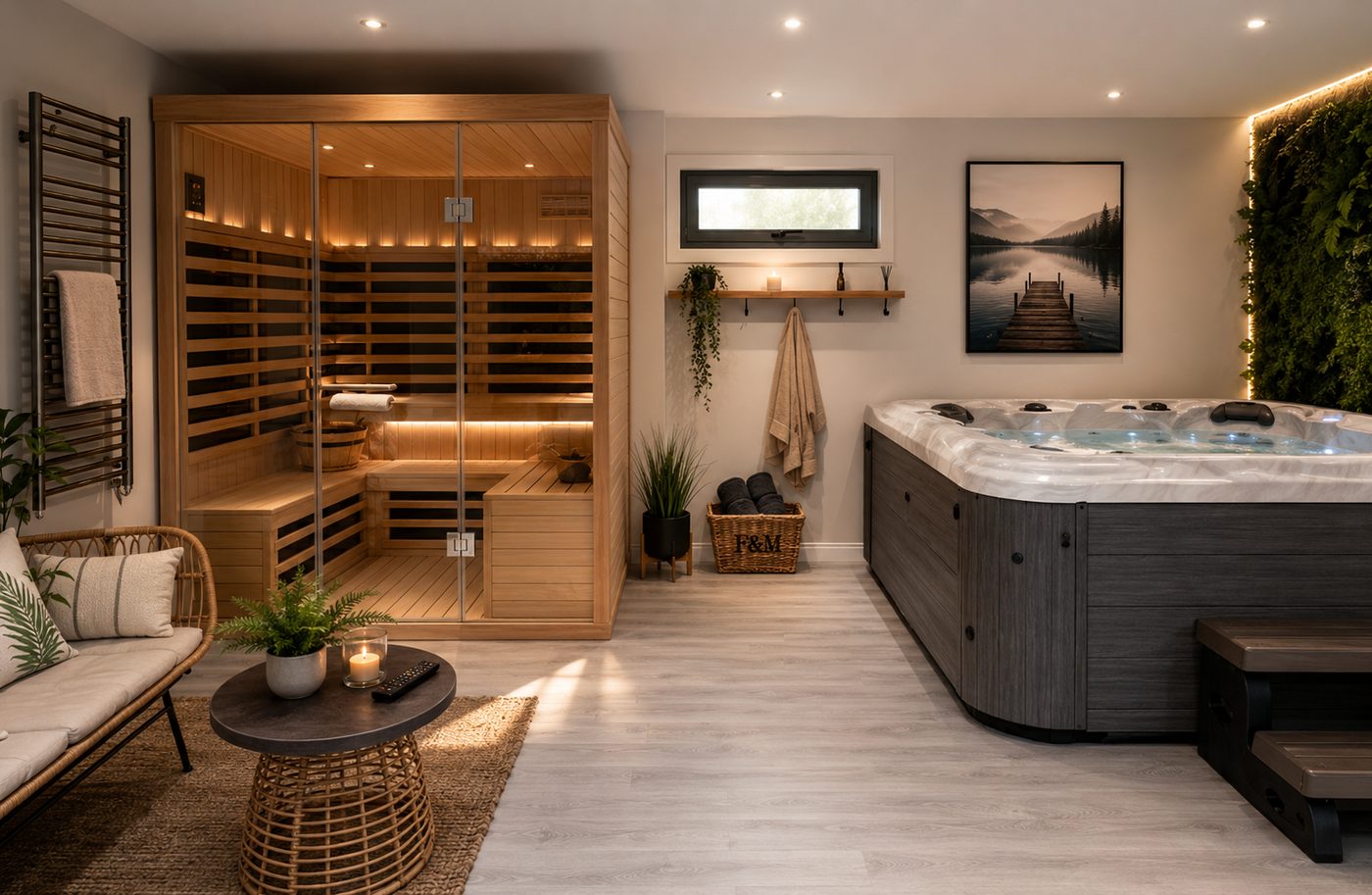 Garden wellness room with sauna, hot tub and cold plunge by Vita Modular
