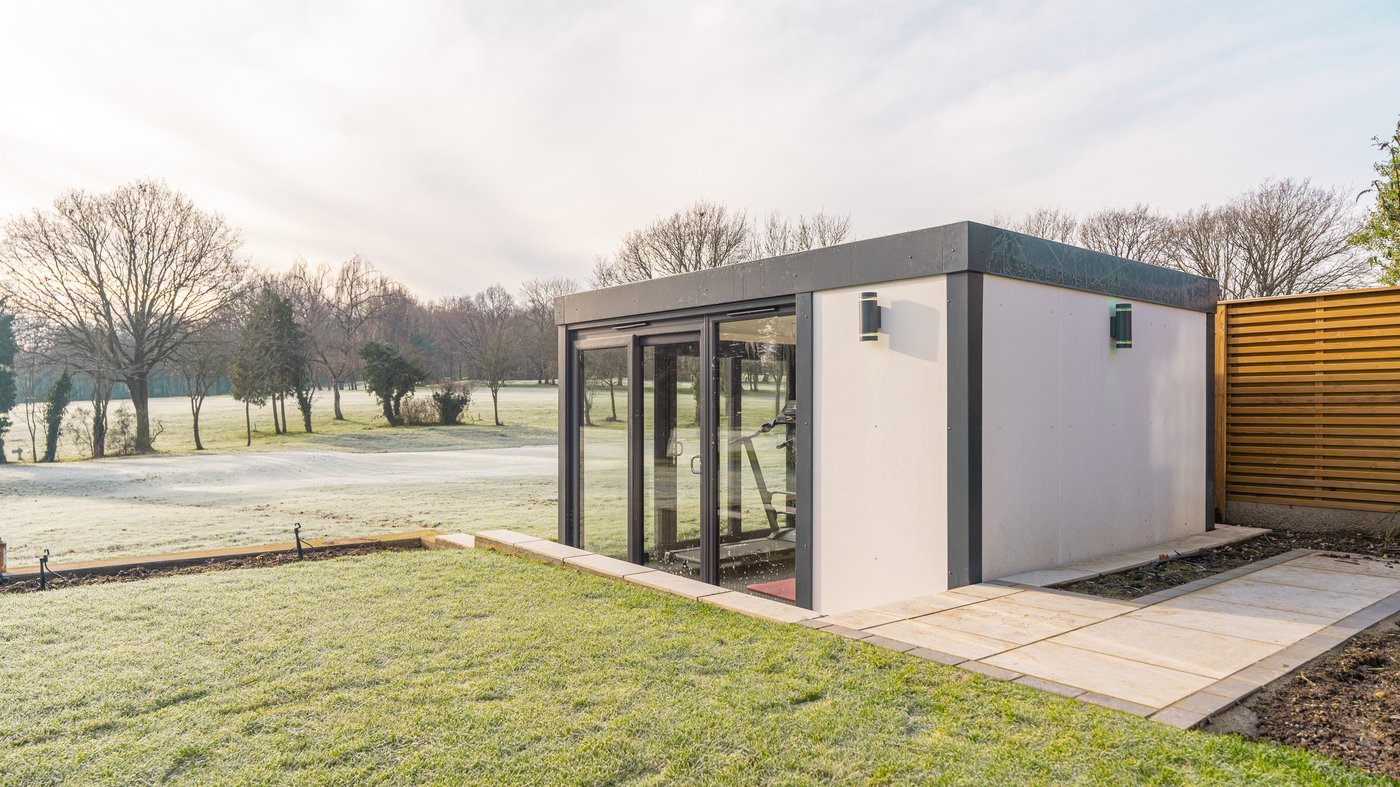White Shades-in-Stone garden room home gym in Stanmore, London by Vita Modular