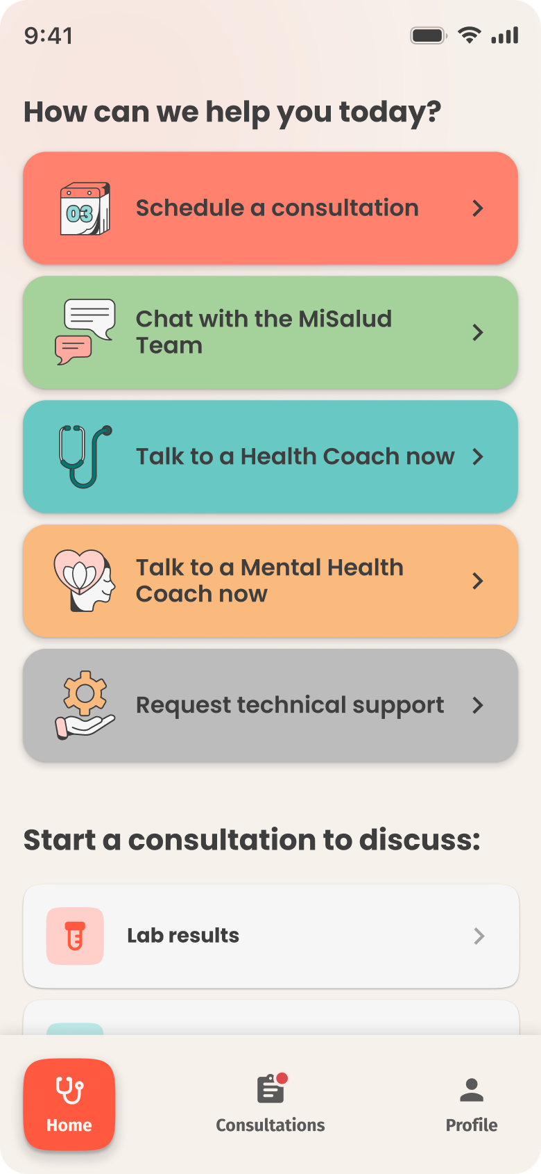 The MiSalud app home screen with options to schedule a consultation, chat with the team, or talk to the care team now