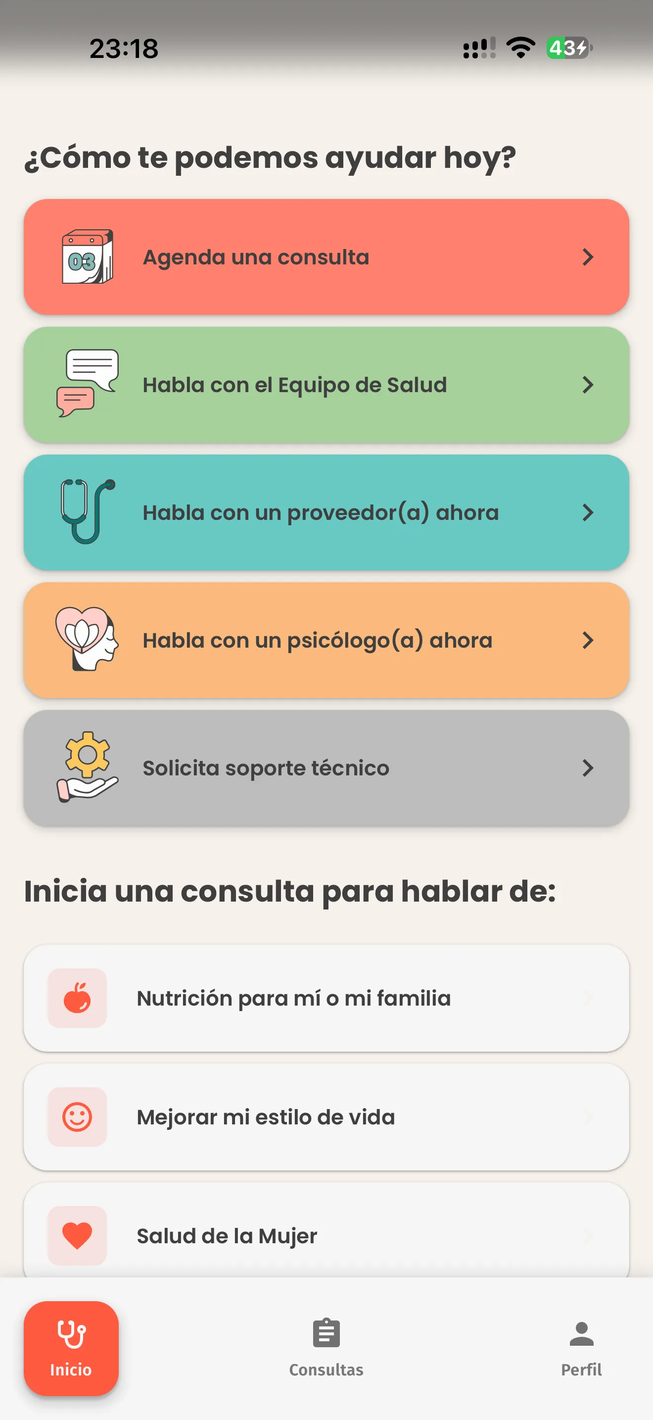 La pantalla de inicio de la app de MiSalud con opciones para agendar una consulta, chatear con el equipo o hablar ahora con el equipo de atención