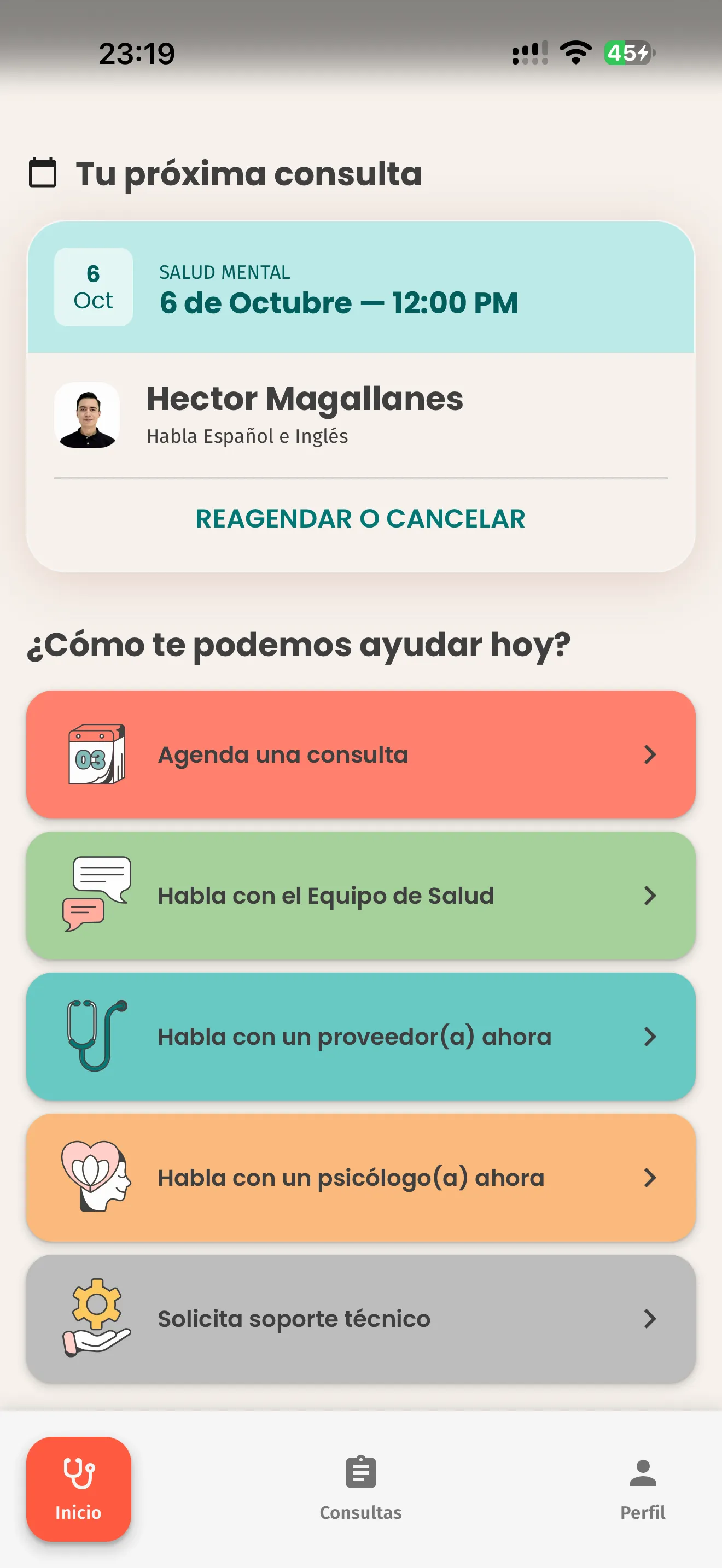 La app de MiSalud mostrando la próxima consulta con un botón para entrar