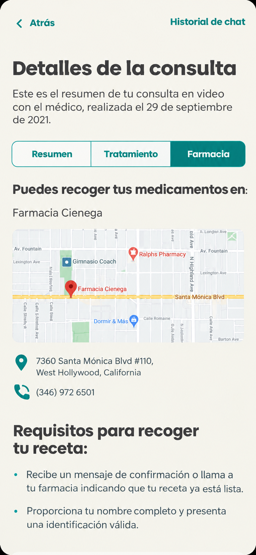 El resumen de la consulta en MiSalud con la farmacia donde recoger la receta