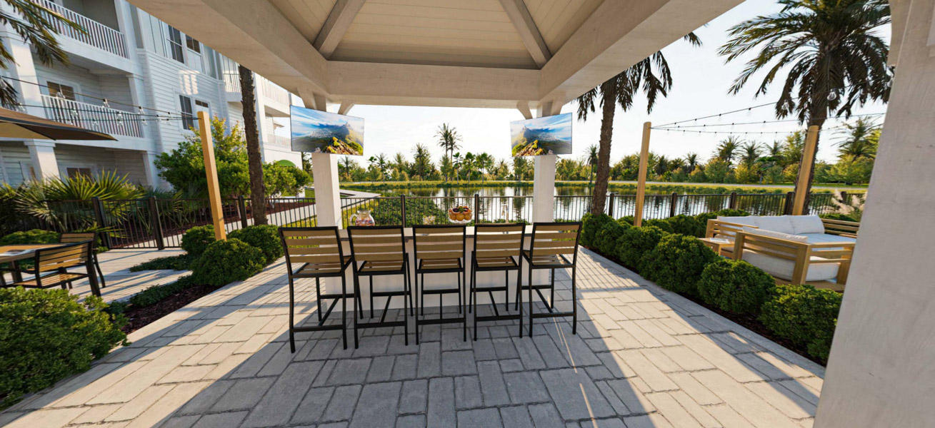 Apartments in Santa Rosa Beach FL - Primrose - Pergola Shades an Outdoor Lounge Seating Area Equipped With a Breakfast Bar and Two Wall-Mounted Televisions