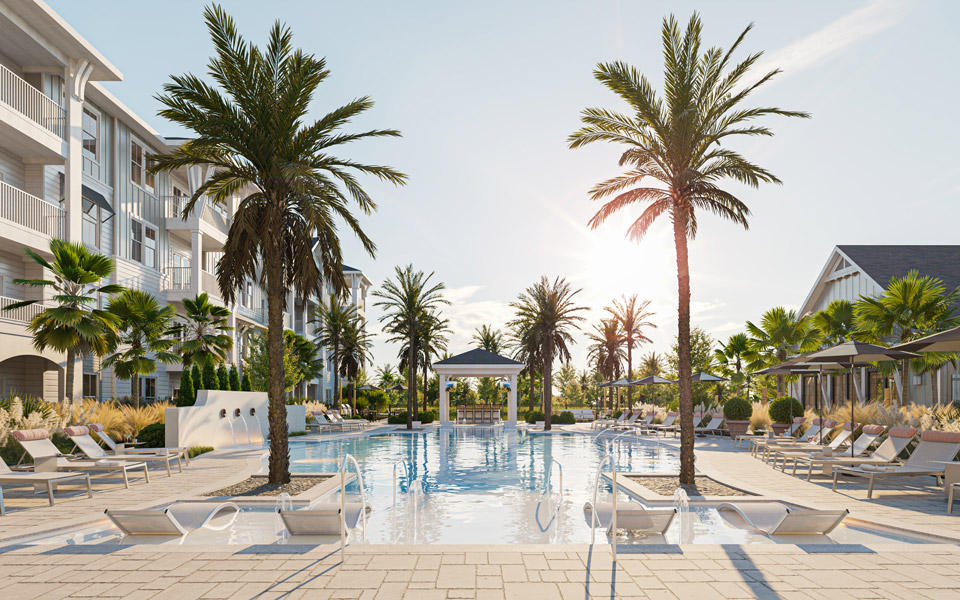 Santa Rosa Beach FL Apartments - Primrose - Resort-Style Pool is Surrounded by Palm Trees, Lounge Seating, and Beautiful Fountains that Drip into the Pool