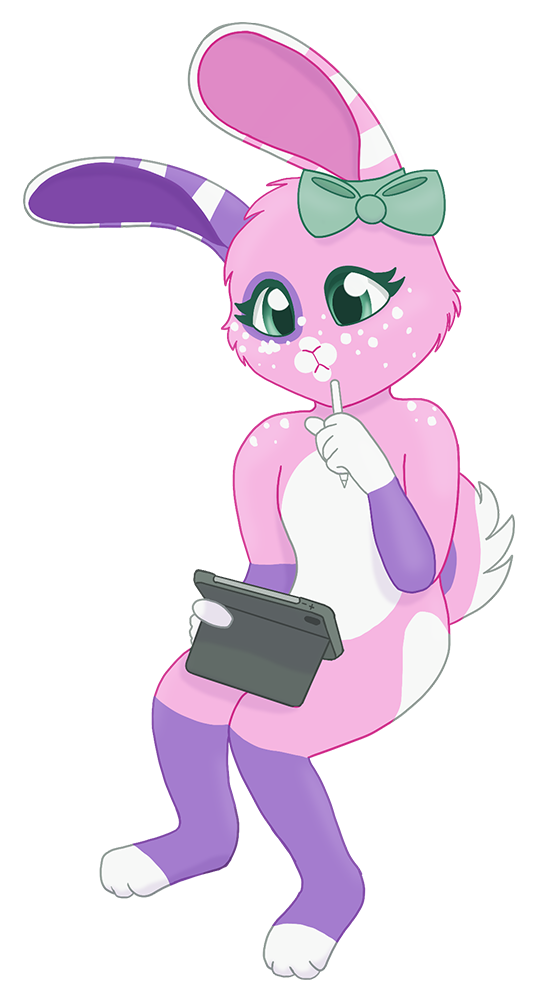 an illustration of a pink bunny holding a tablet and pen