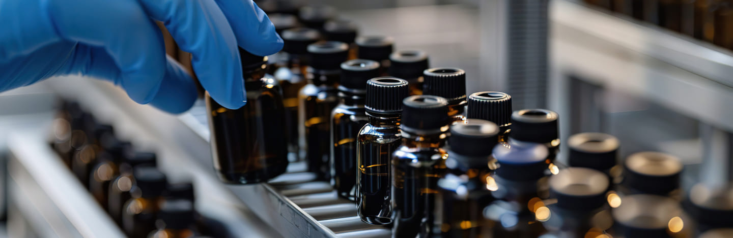 A person in a blue glove is holding a bottle.