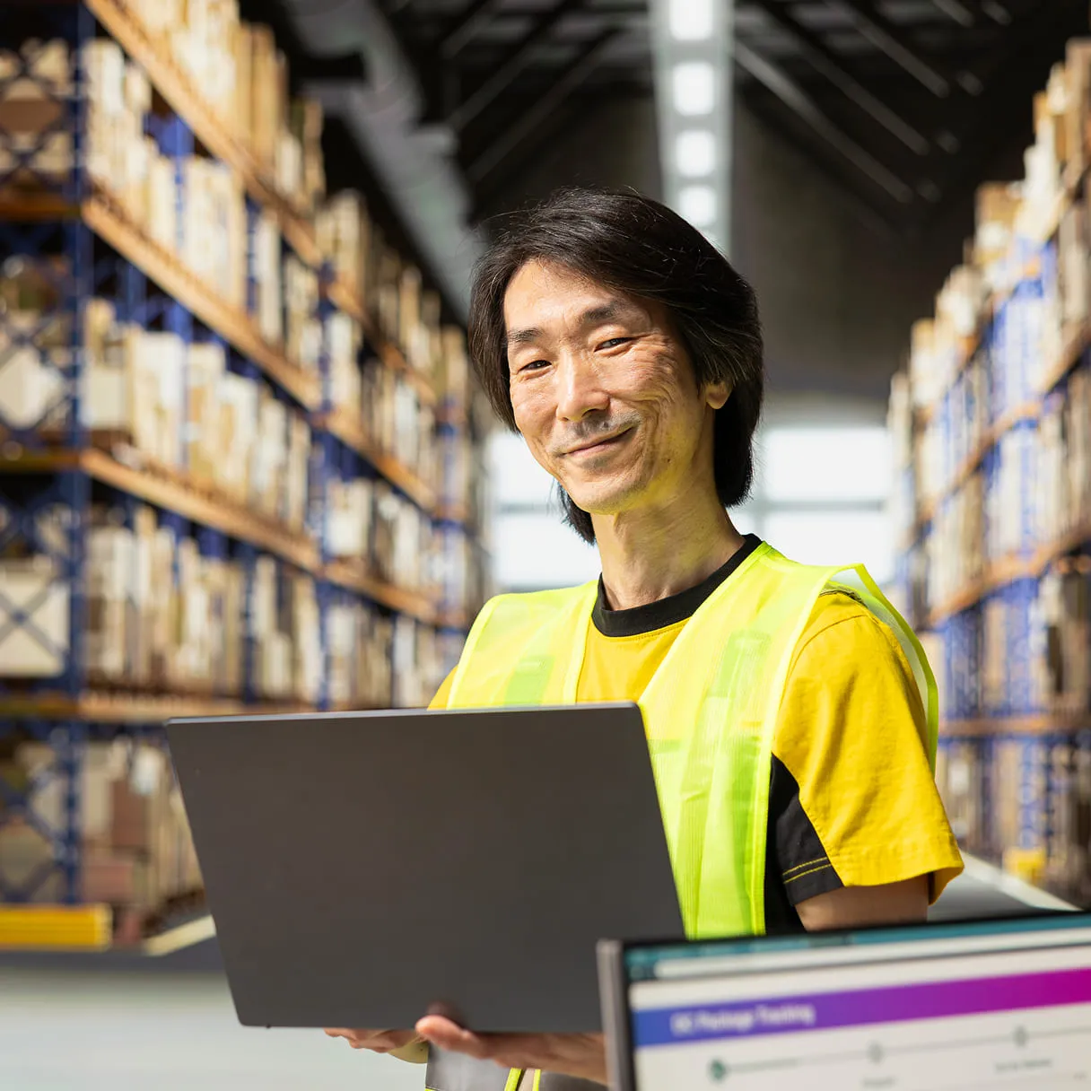 A man in a warehouse holding a laptop.