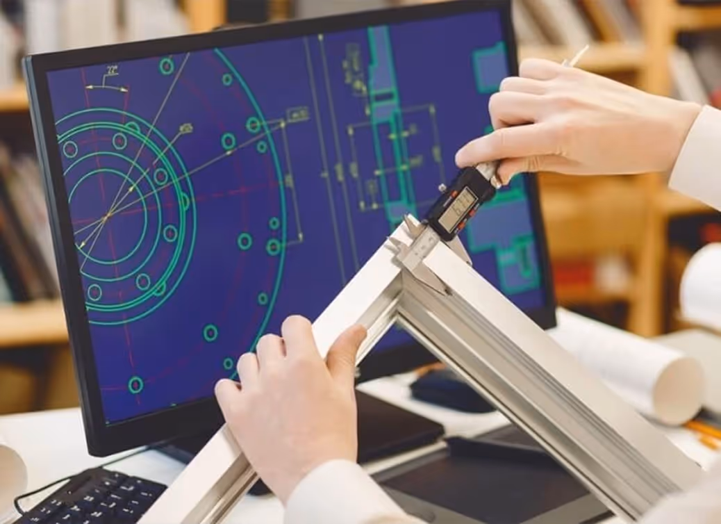 Person measuring the angle of a metallic frame with a digital caliper in front of a computer screen displaying a technical drawing.