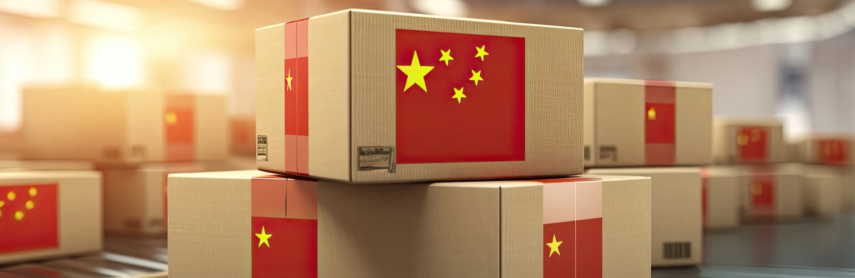 Stack of cardboard shipping boxes featuring the flag of China in a warehouse with sunlight in the background.
