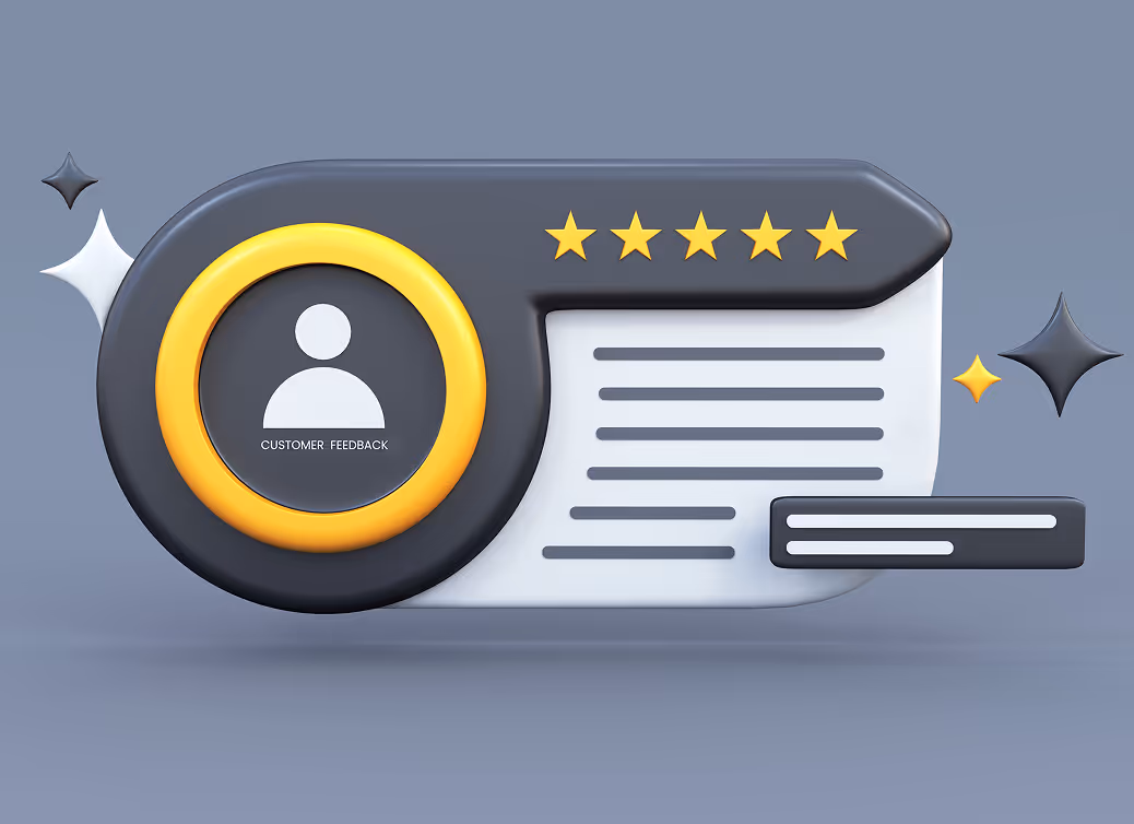 Graphic of a customer feedback card with a user icon, five yellow stars, and text lines on a gray-blue background.