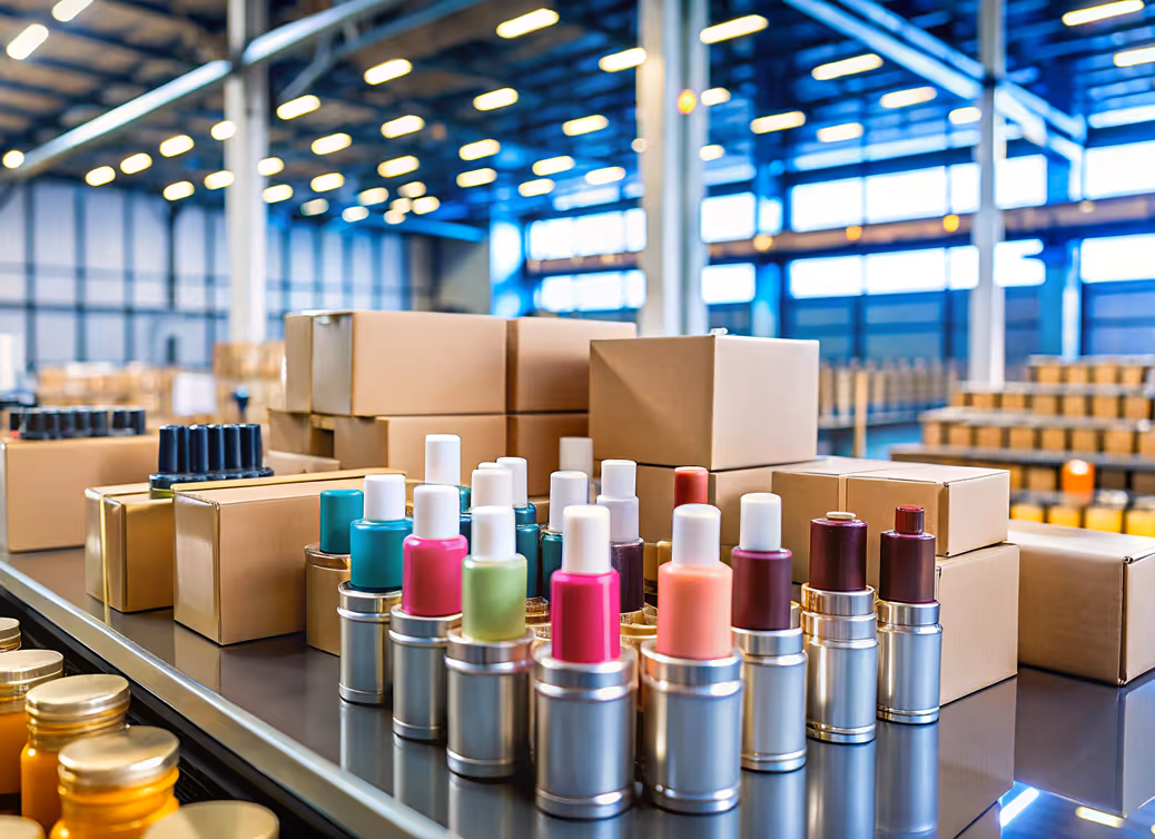 Colorful lipsticks lined up on a reflective surface with stacked cardboard boxes in a bright warehouse.