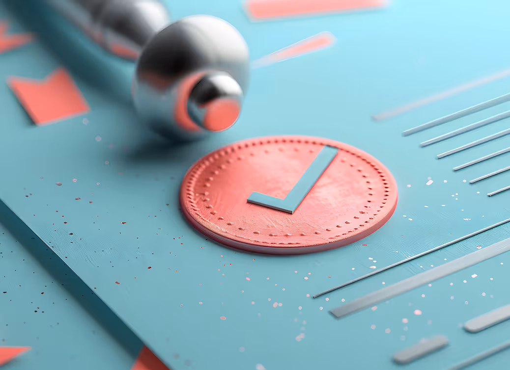 Close-up of a metallic pushpin on a teal paper with a pink circular checkmark symbol.