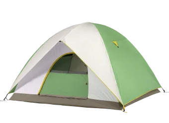 Green and white dome camping tent with a partially open door and yellow trim.