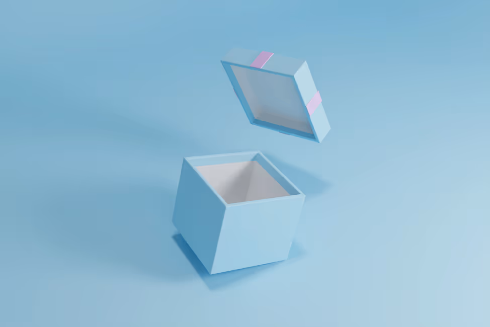 Light blue open gift box with a detached lid featuring a pink ribbon on a matching blue background.