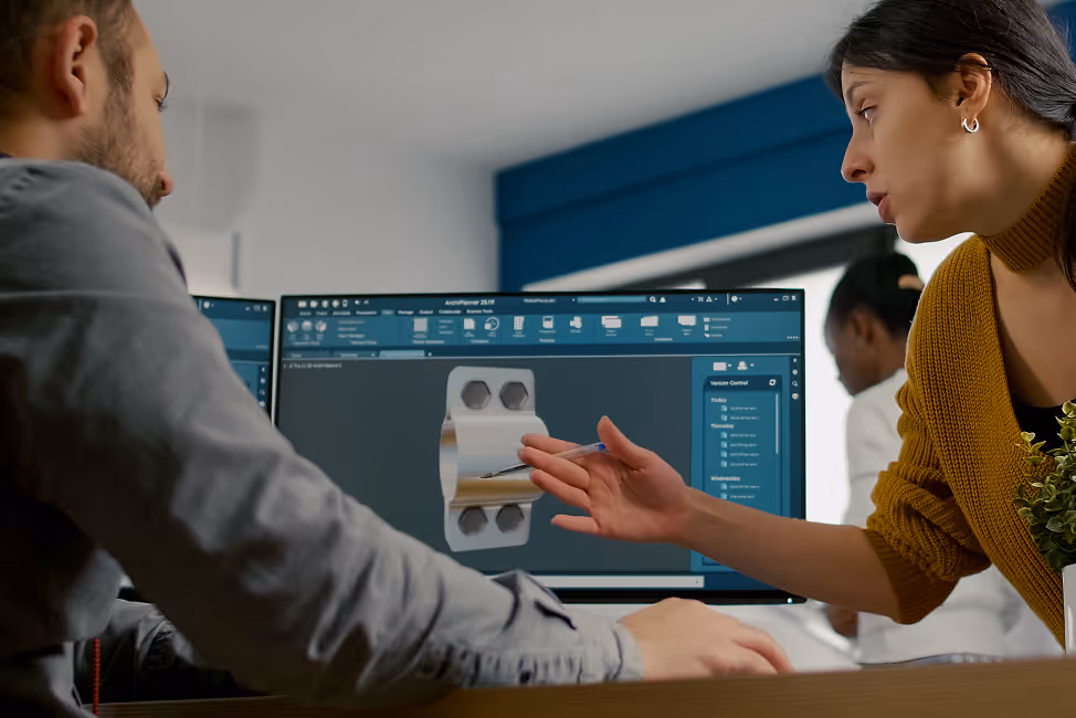 Two colleagues discussing a 3D mechanical part displayed on a computer screen in an office setting.