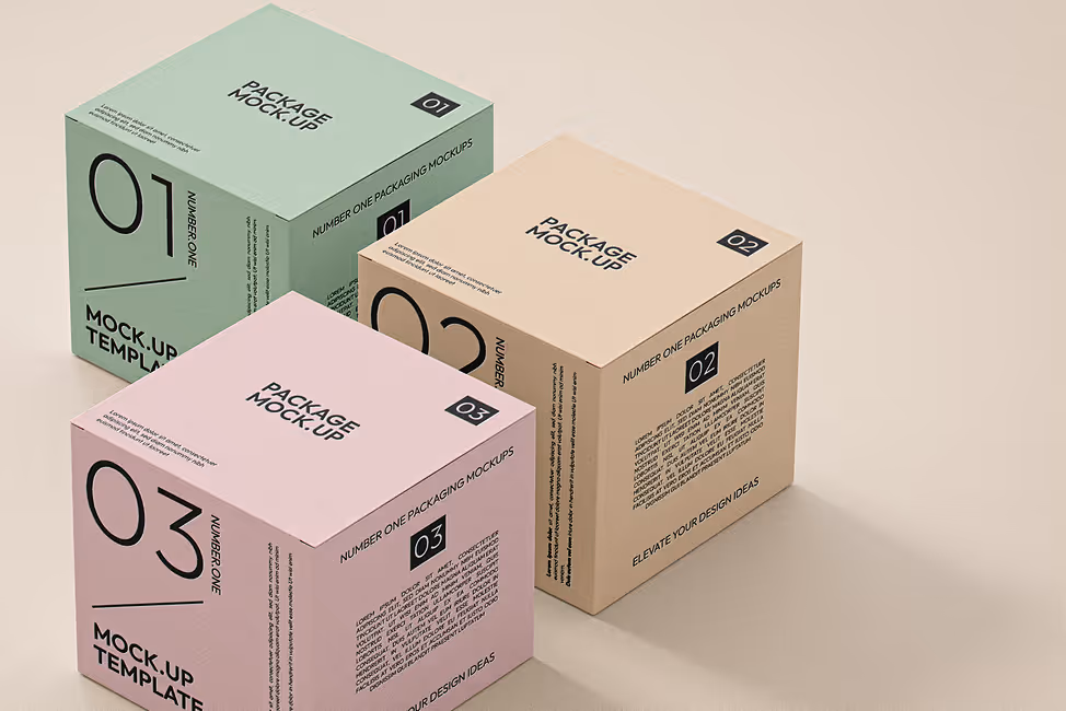 Three pastel-colored packaging boxes numbered 01, 02, and 03 arranged on a beige surface, labeled as package mock-up templates.
