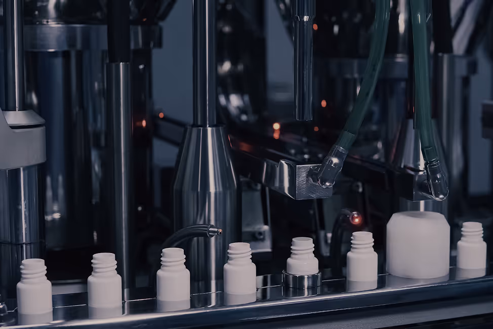 Automated machine filling small white plastic bottles on a production line.