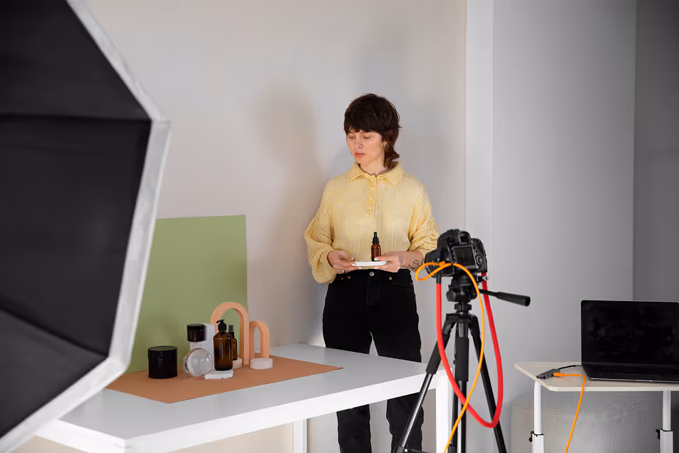 Woman in a yellow sweater holding a small bottle in a photo studio with a camera on a tripod and a laptop nearby.