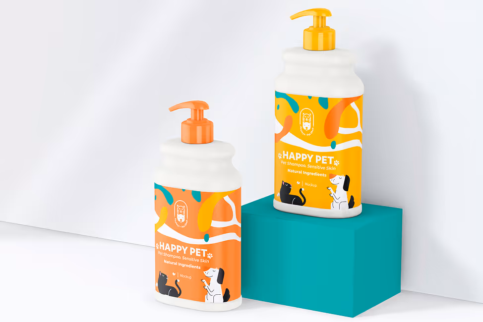 Two bottles of Happy Pet shampoo for sensitive skin with natural ingredients, featuring cat and dog illustrations, one with an orange pump and label, the other with a yellow pump and label, on a teal block against a white background.