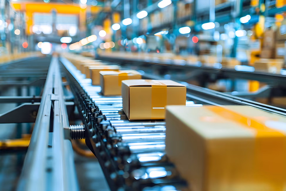 Rows of sealed cardboard boxes on a conveyor belt in a brightly lit warehouse.