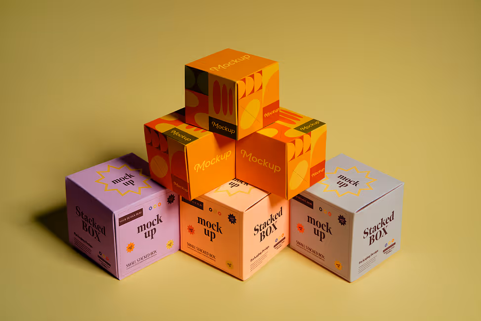 Stack of colorful mockup packaging boxes with geometric patterns on a yellow surface.