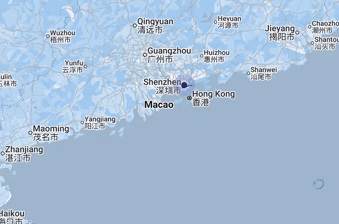 Map showing southern China coastal cities including Shenzhen, Guangzhou, Hong Kong, Macao, and nearby cities with Chinese and English labels.