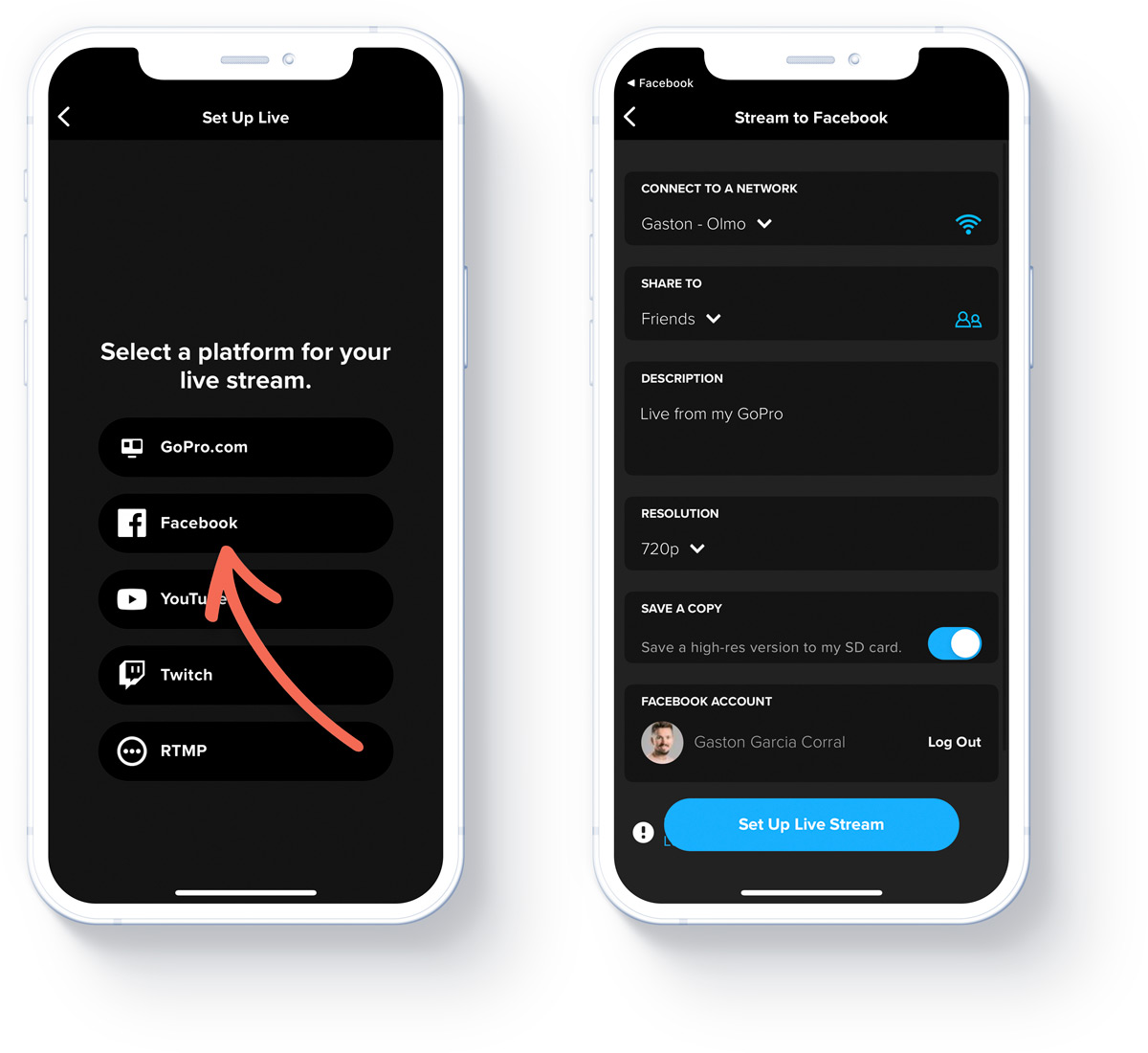 setting up facebook live stream from gopro