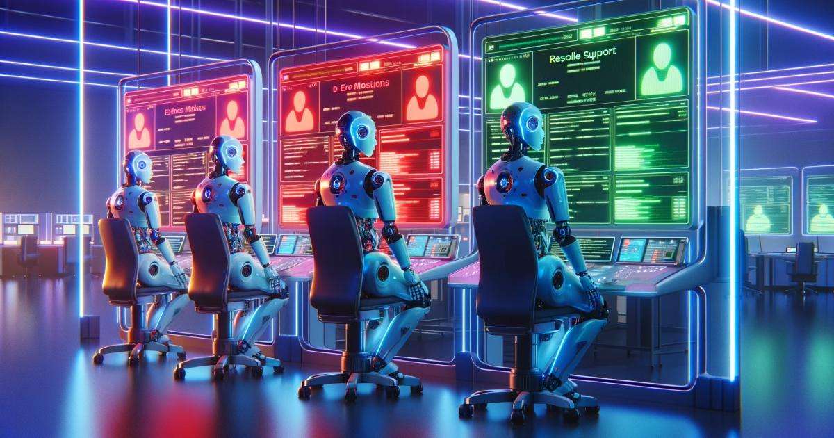  Ilustração profissional de um chatbot de IA integrado a um sistema de help desk, mostrando a interface de atendimento automatizado e a interação entre tecnologia e suporte técnico.