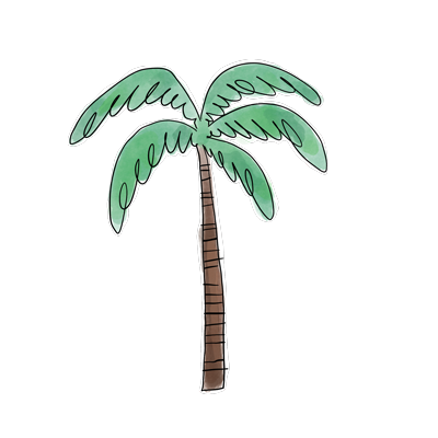 Hand-drawn palm tree with a tall brown trunk and green fronds.