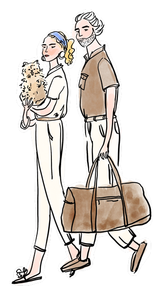 Illustrated couple walking together, carrying a dog and a large travel bag.